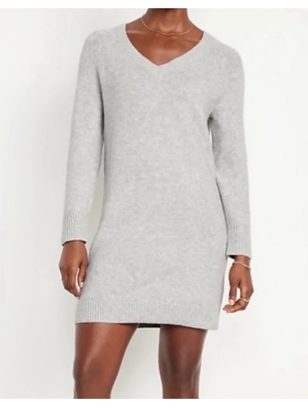 Old Navy Light Gray V-Neck Long Sleeve Mini Sweater Dress